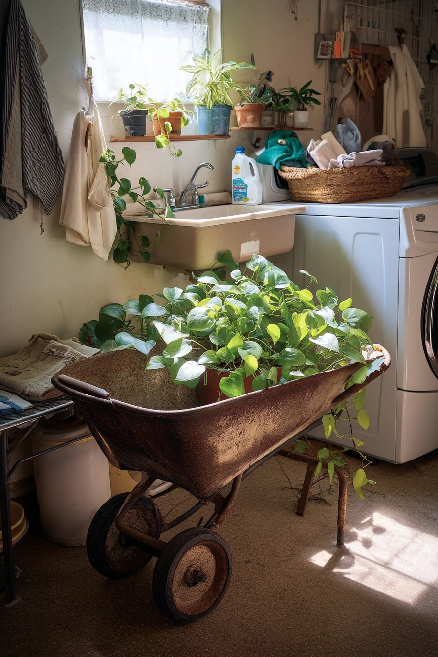 Laundry Room Plant Station With Reclaimed Wheelbarrow