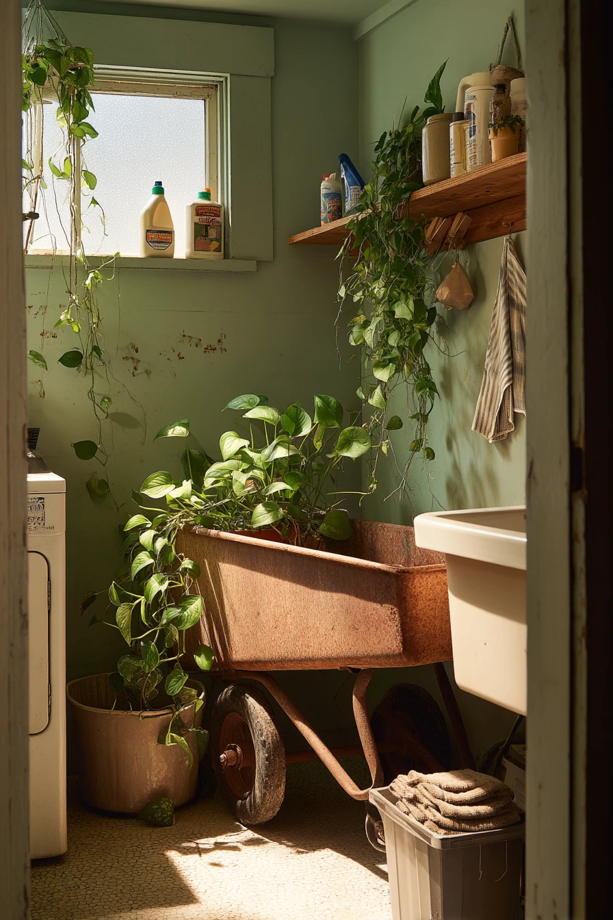 Laundry Room Plant Station With Reclaimed Wheelbarrow