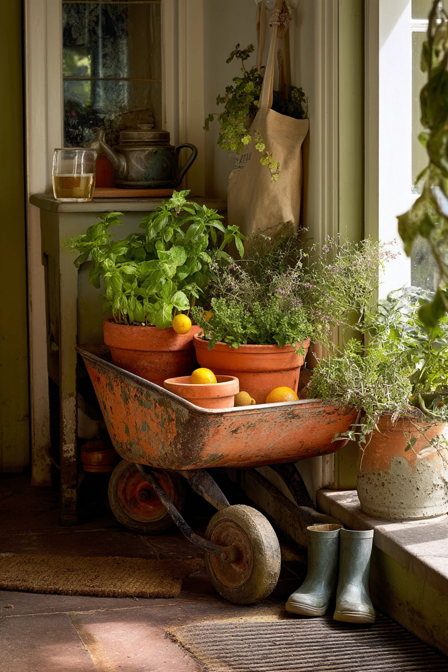 Patio Herb Wheelbarrow Planter by the Kitchen Door