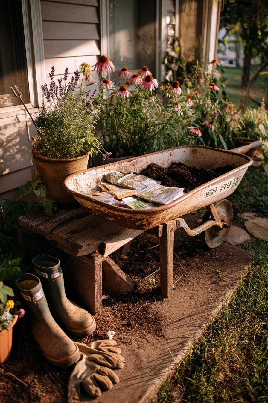 Front Yard Pollinator Bed Built From an Old Wheelbarrow