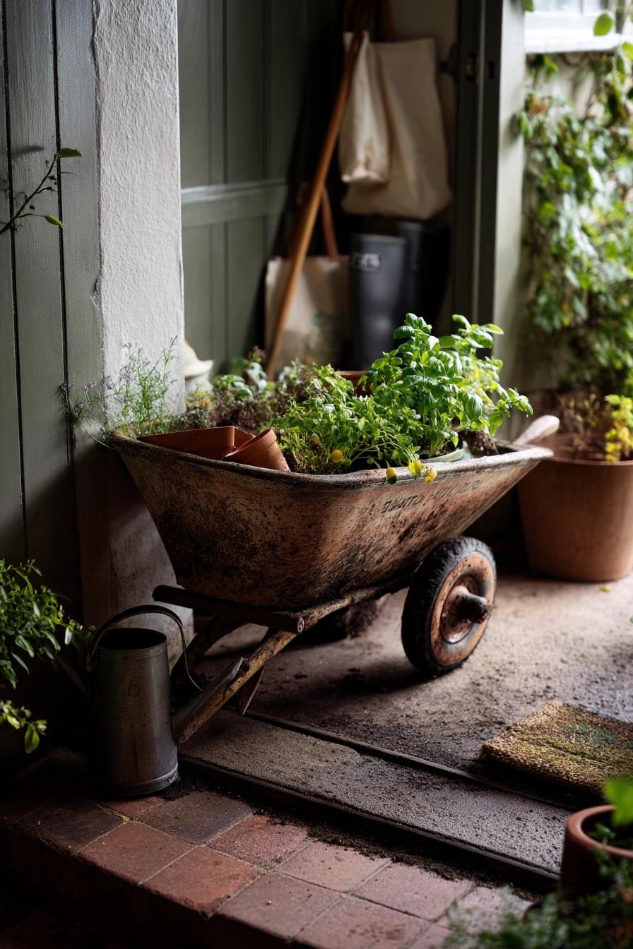 Patio Herb Wheelbarrow Planter by the Kitchen Door