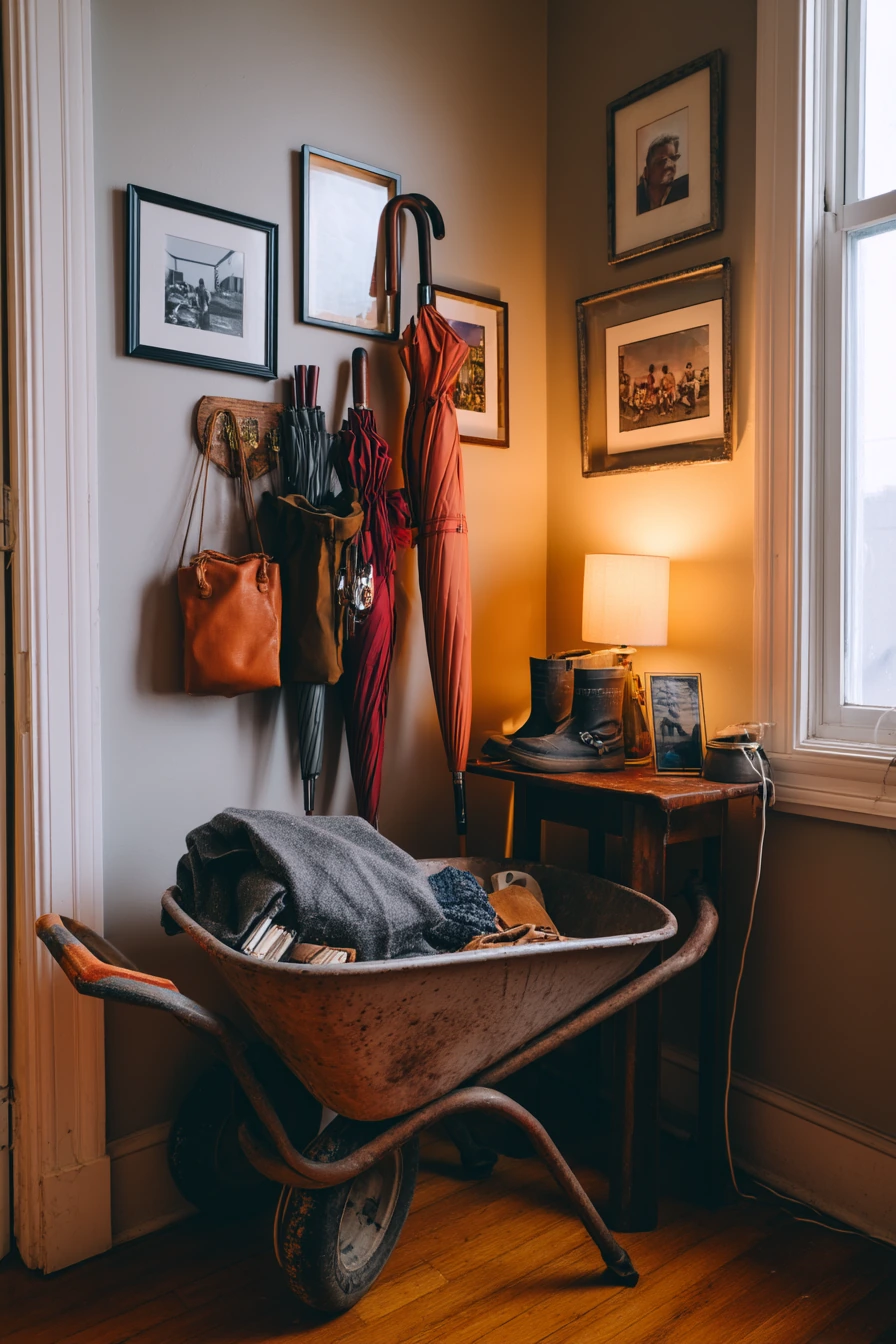 Entryway Umbrella Stand With Vintage Wheelbarrow Charm