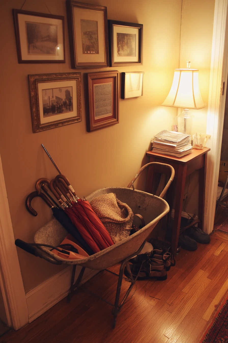 Entryway Umbrella Stand With Vintage Wheelbarrow Charm
