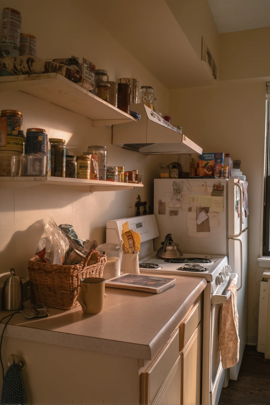 Rental Kitchen with Open Shelves and Everyday Objects