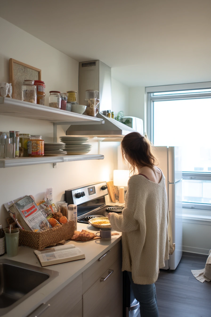 Rental Kitchen with Open Shelves and Everyday Objects