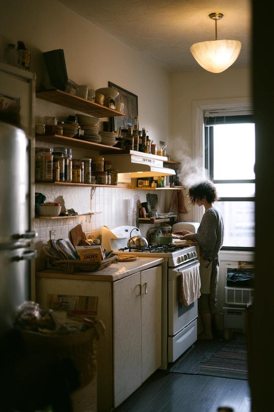 Rental Kitchen with Open Shelves and Everyday Objects