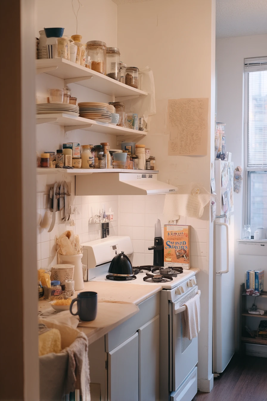 Rental Kitchen with Open Shelves and Everyday Objects