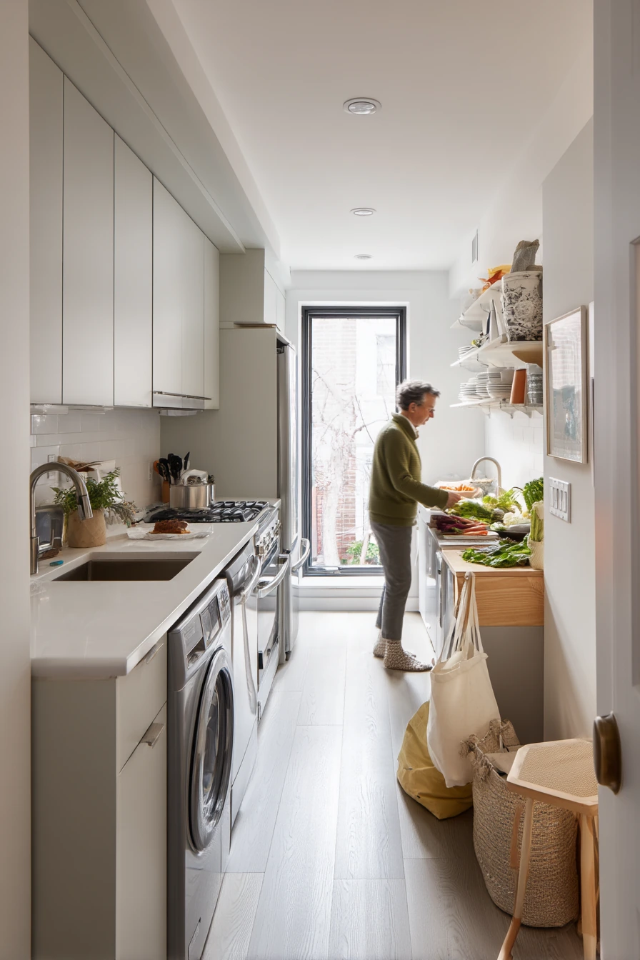 One-Wall Kitchen with Hidden Laundry and Real Life Clutter