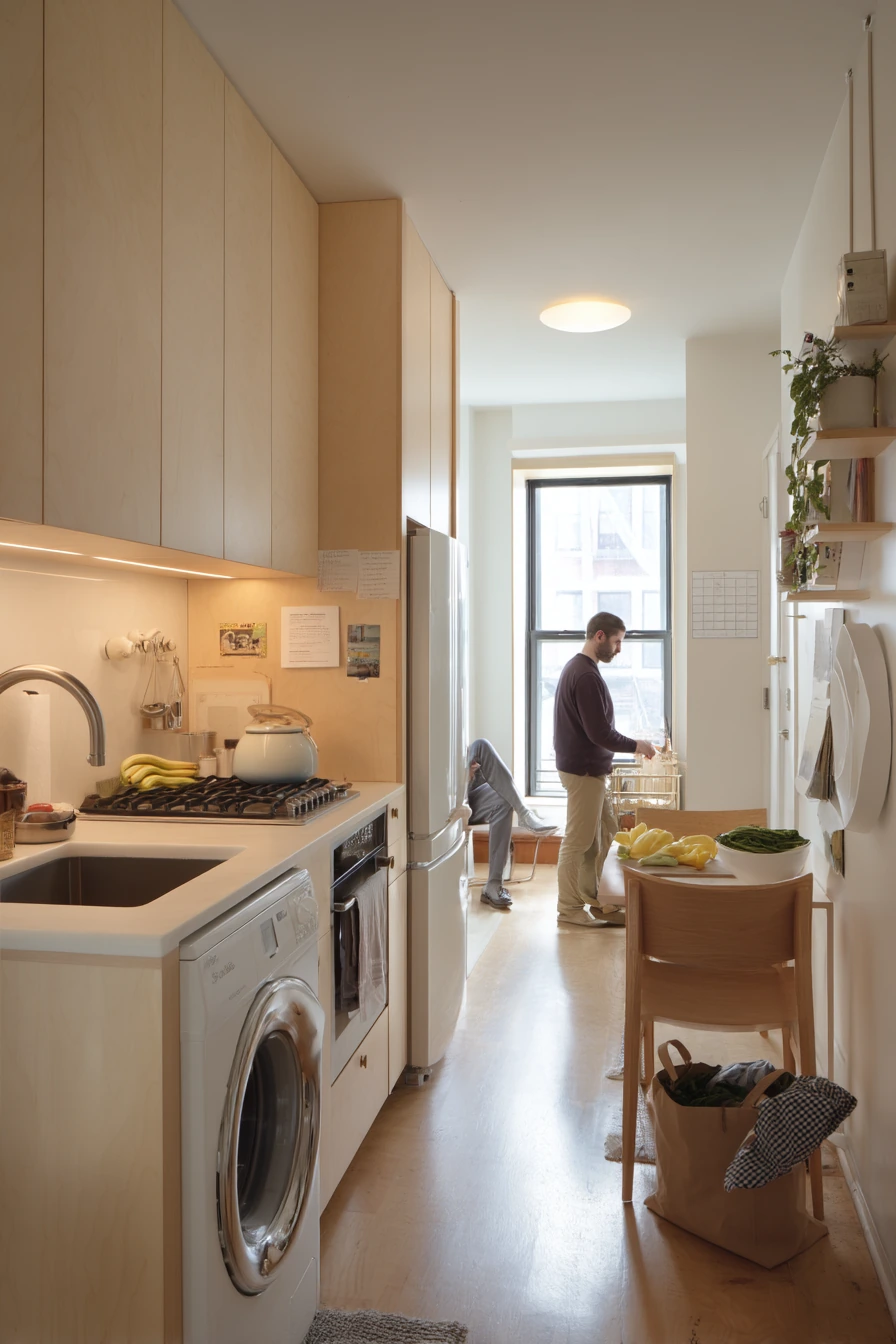 One-Wall Kitchen with Hidden Laundry and Real Life Clutter