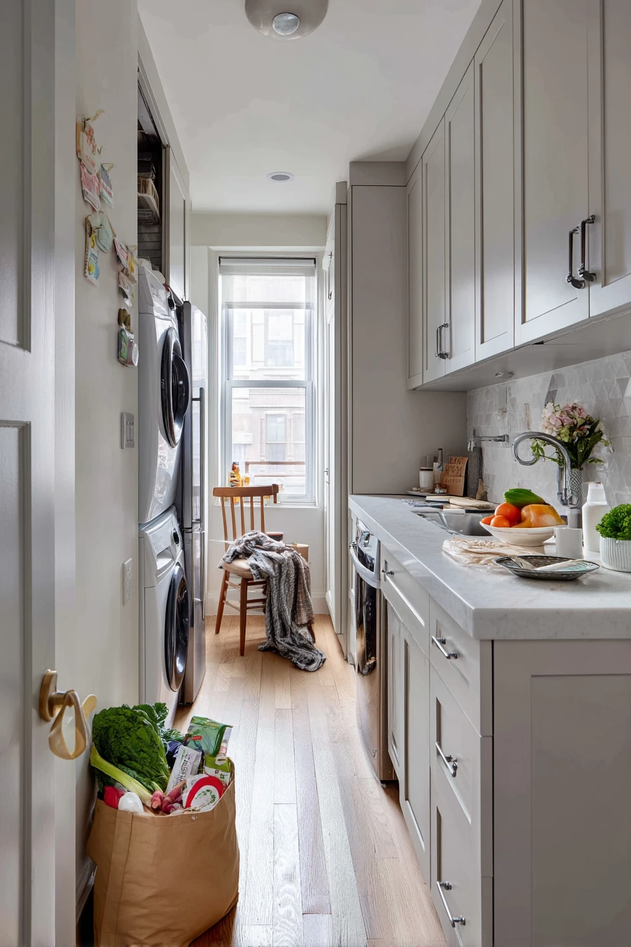 One-Wall Kitchen with Hidden Laundry and Real Life Clutter