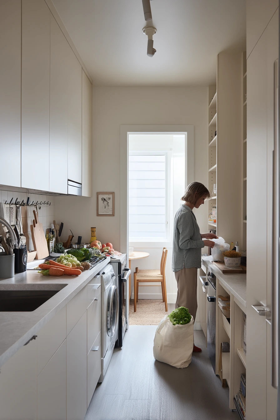 One-Wall Kitchen with Hidden Laundry and Real Life Clutter