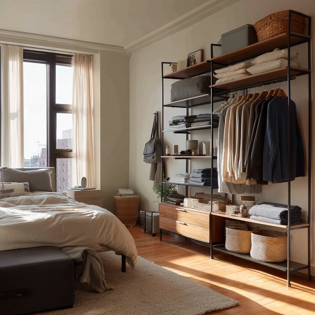 Small Bedroom Open Closet with Morning Routine
