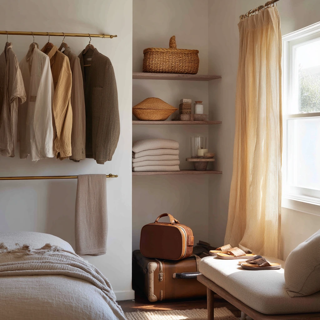 Open Closet with Woven Baskets and Soft Textiles