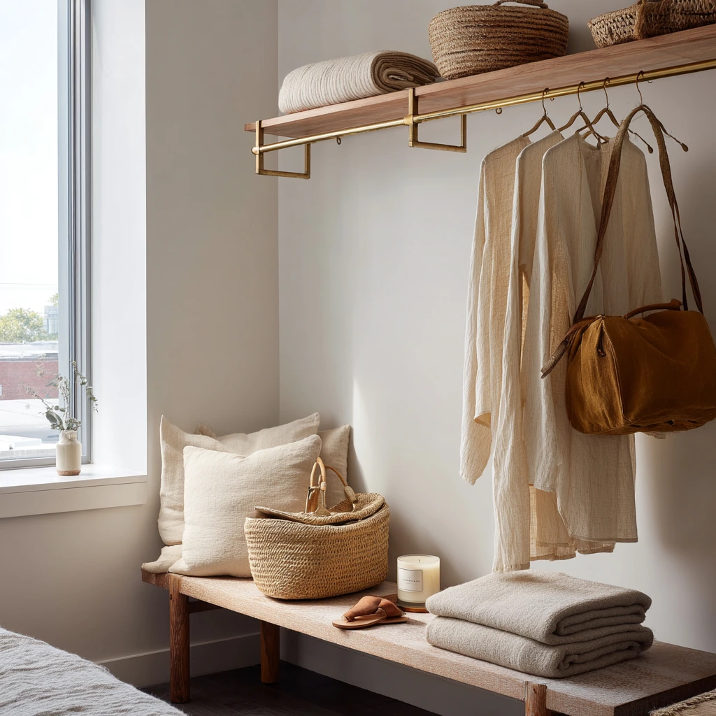 Open Closet with Woven Baskets and Soft Textiles