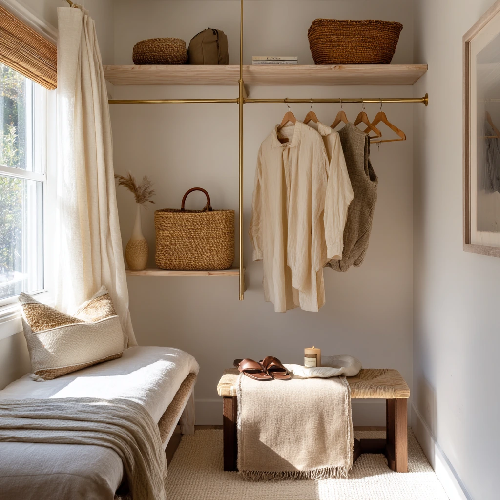 Open Closet with Woven Baskets and Soft Textiles
