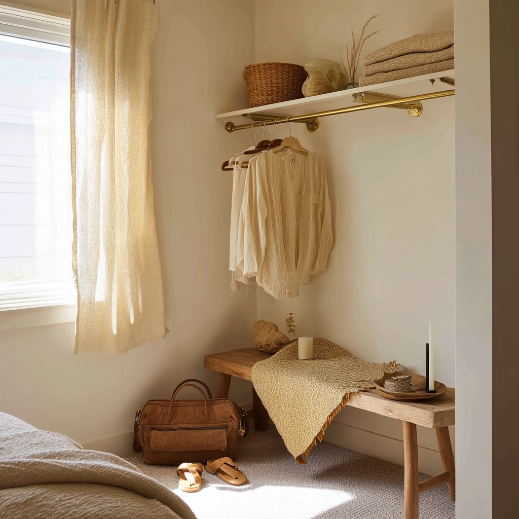 Open Closet with Woven Baskets and Soft Textiles