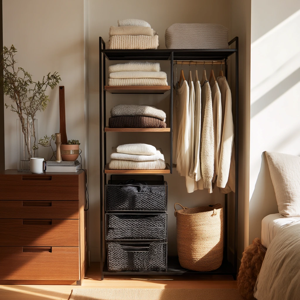 Small Bedroom Open Closet with Morning Routine