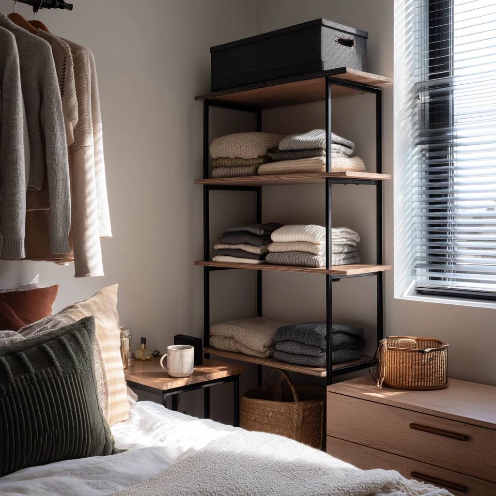 Small Bedroom Open Closet with Morning Routine