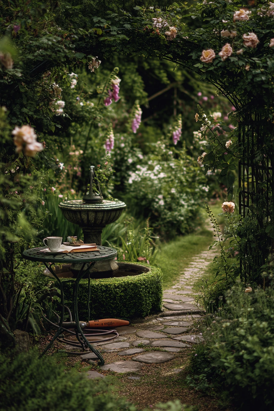 English Garden Wishing Well with Climbing Roses