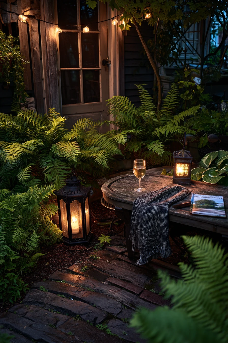 Nighttime Garden Wishing Well with Lantern Glow