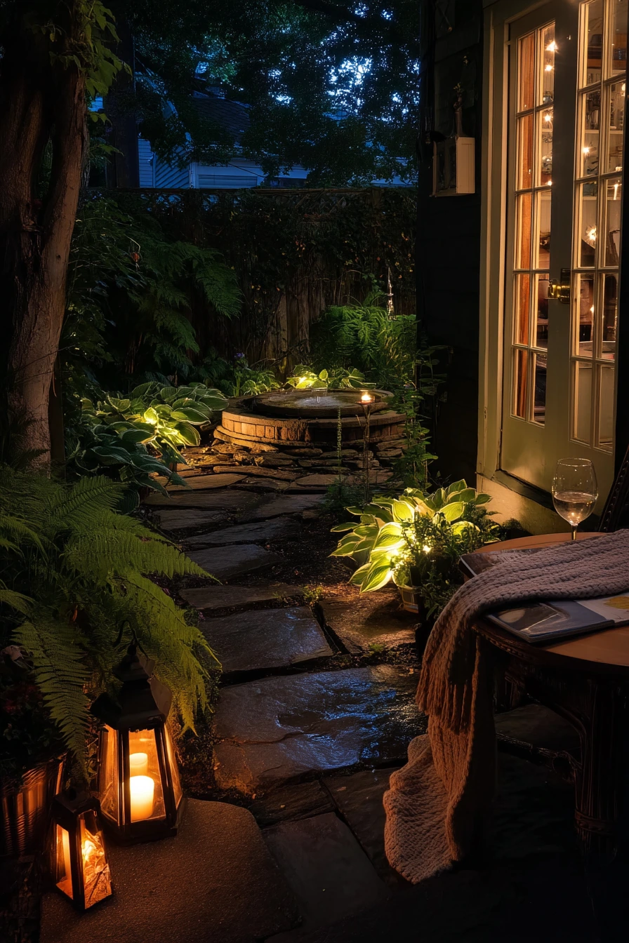 Nighttime Garden Wishing Well with Lantern Glow