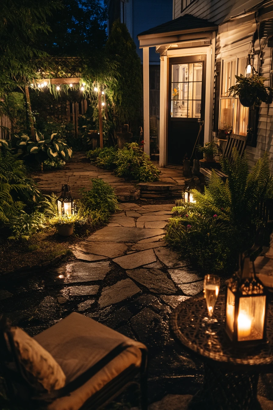 Nighttime Garden Wishing Well with Lantern Glow