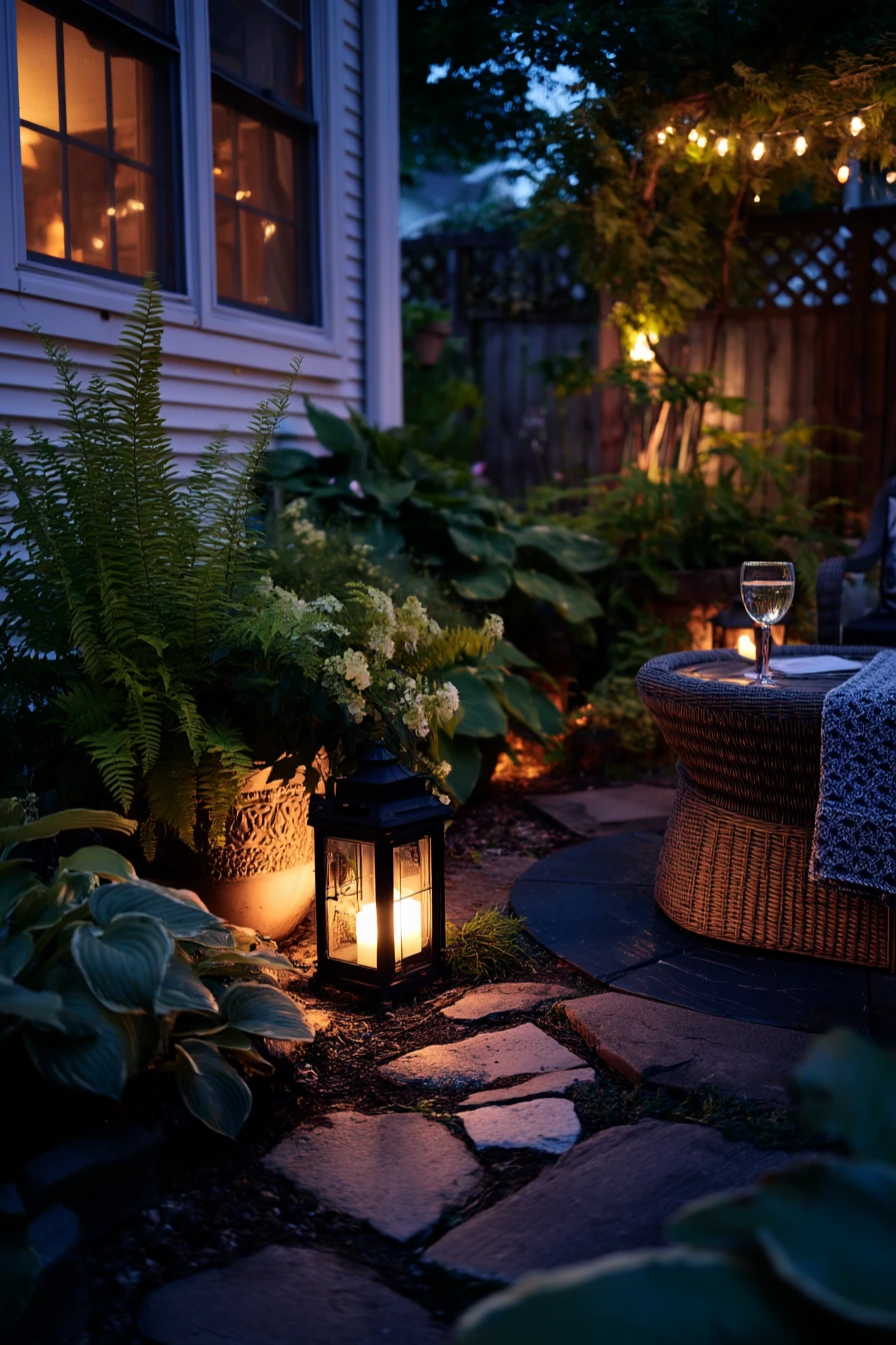Nighttime Garden Wishing Well with Lantern Glow