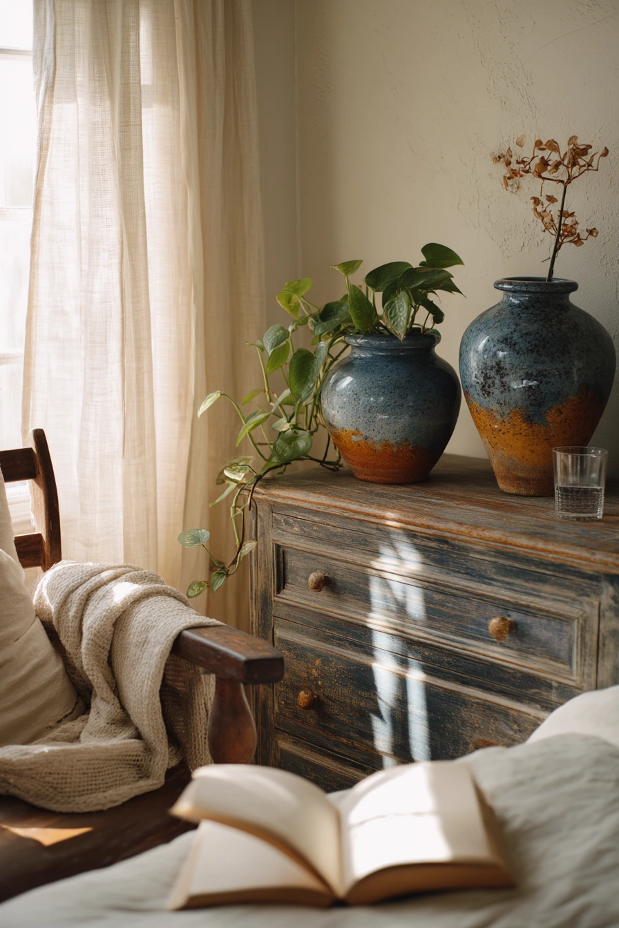 4. Boho Bedroom Dresser with Painted Cachepots