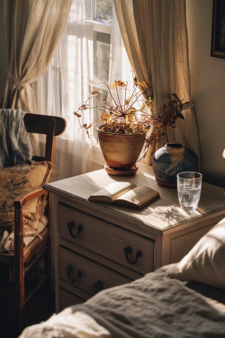 4. Boho Bedroom Dresser with Painted Cachepots