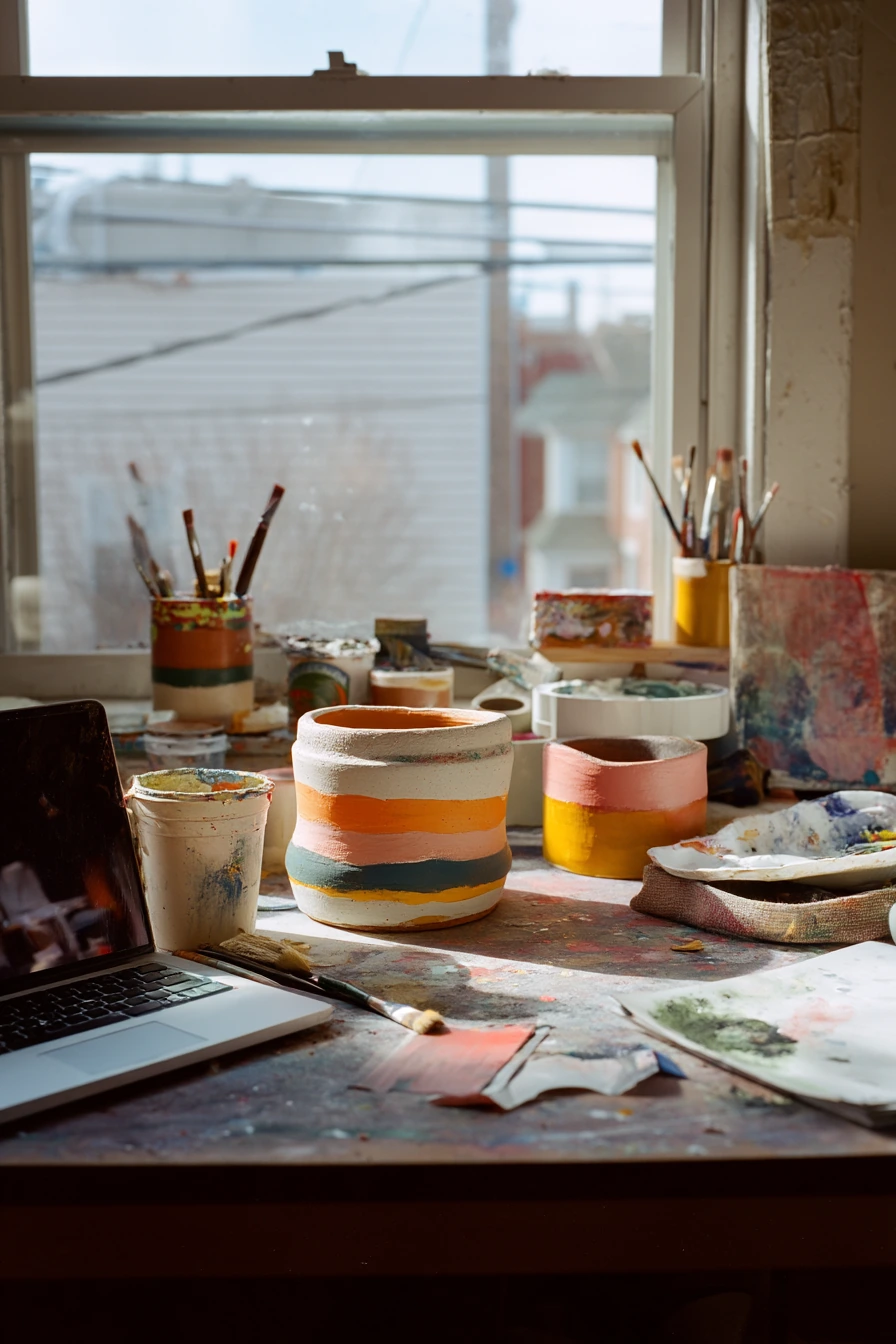 7. Thrifted Pot Makeover on a Craft Table