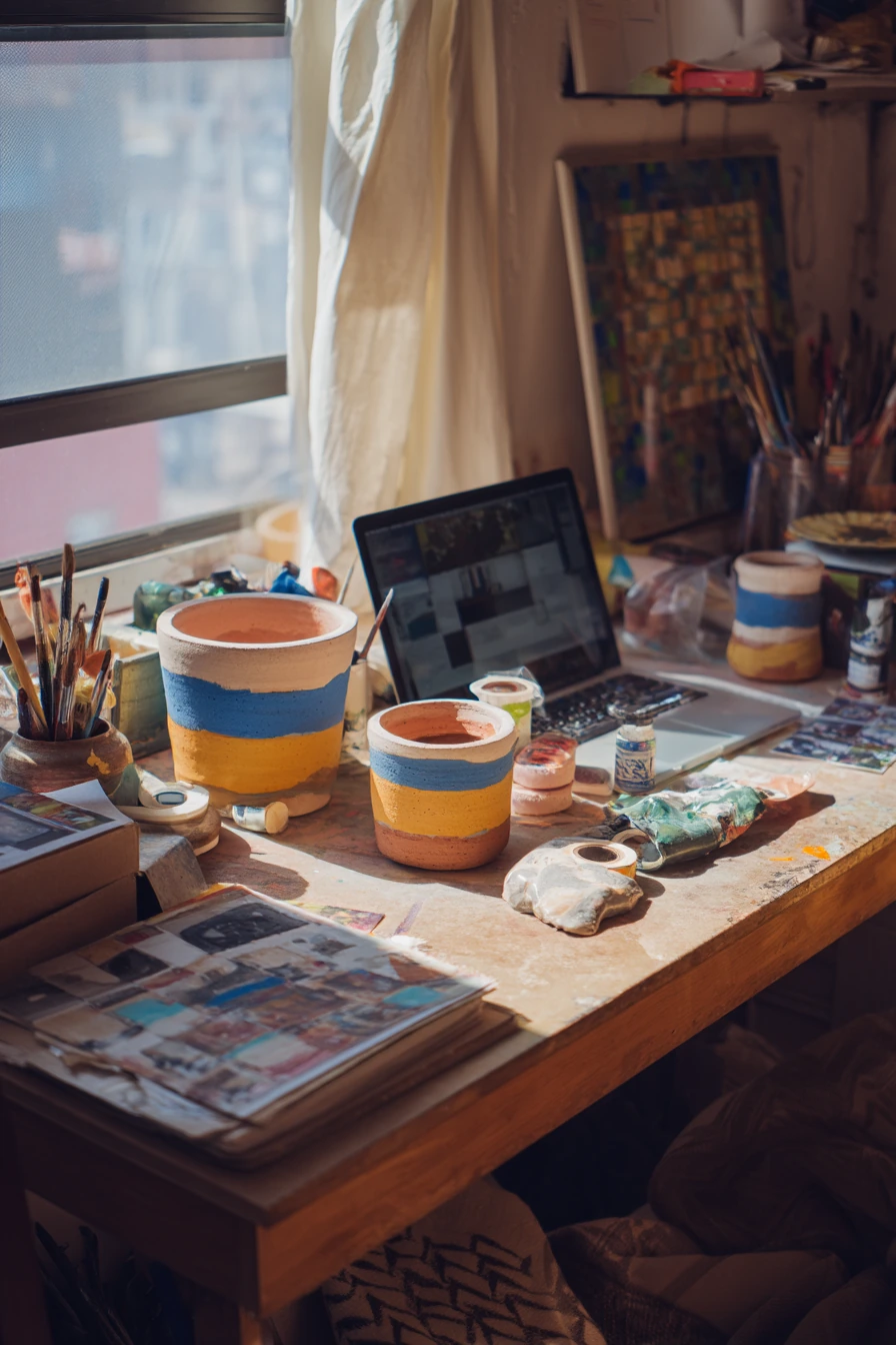 7. Thrifted Pot Makeover on a Craft Table