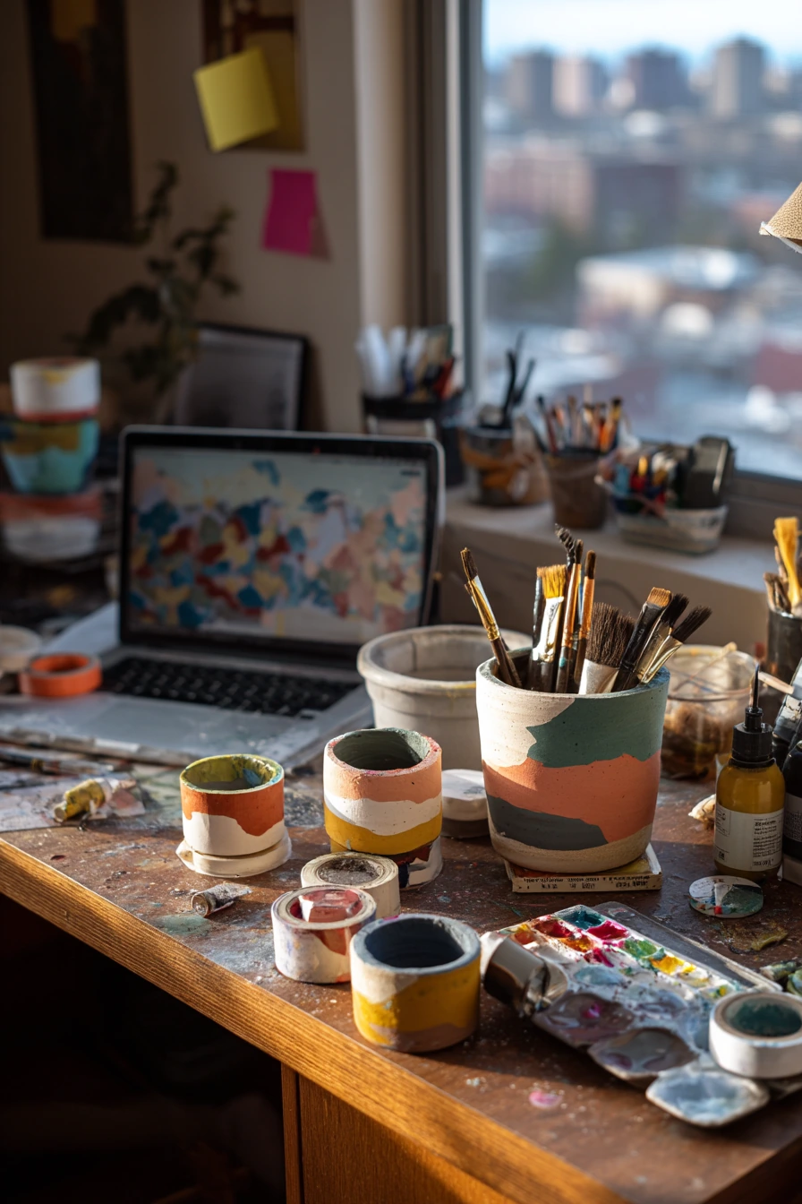 7. Thrifted Pot Makeover on a Craft Table