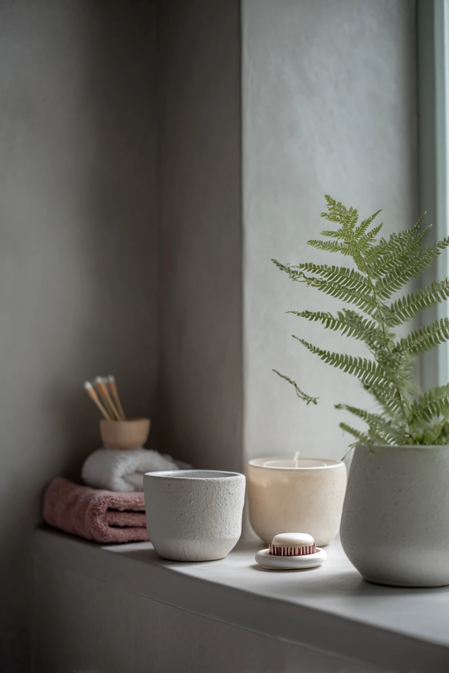 8. Neutral Bathroom Shelf with Spa-Like Painted Pots