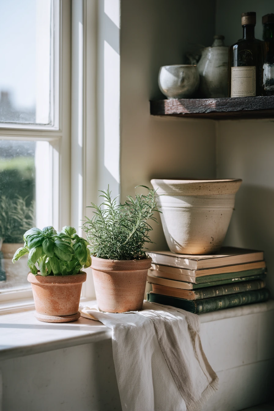 1. Minimal Ceramic Trio on a Kitchen Shelf