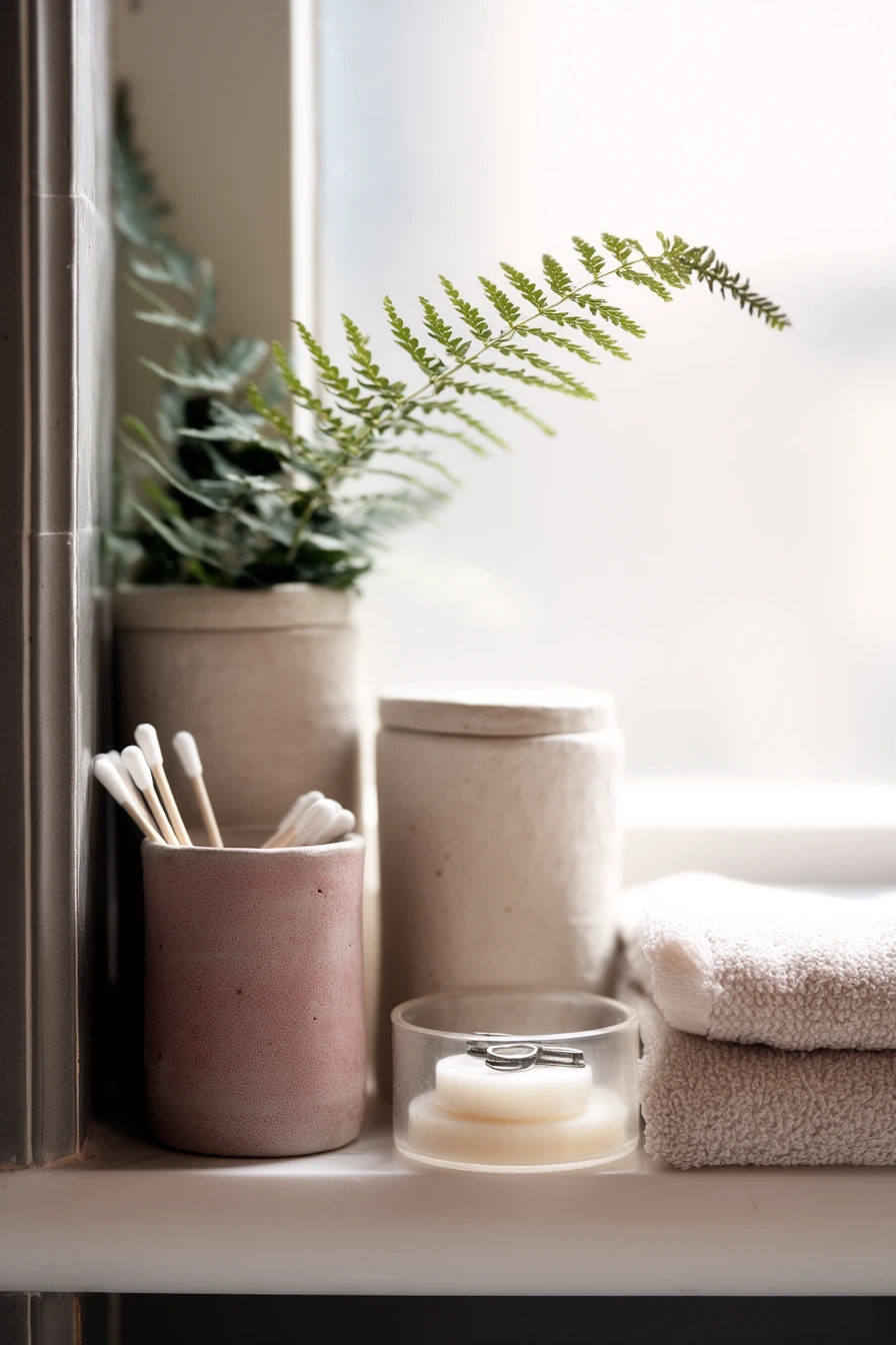 8. Neutral Bathroom Shelf with Spa-Like Painted Pots