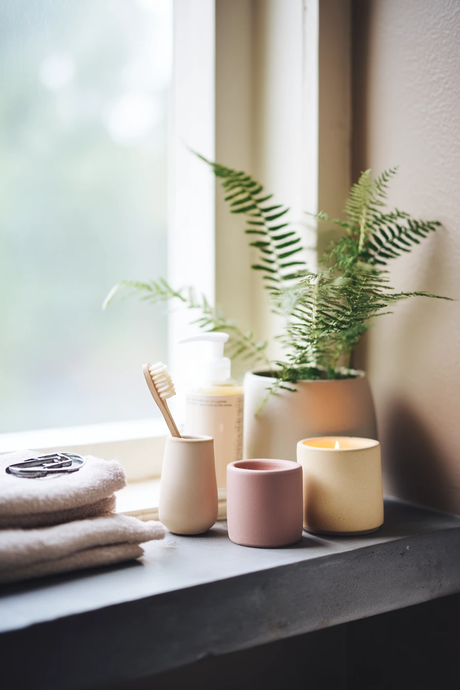 8. Neutral Bathroom Shelf with Spa-Like Painted Pots