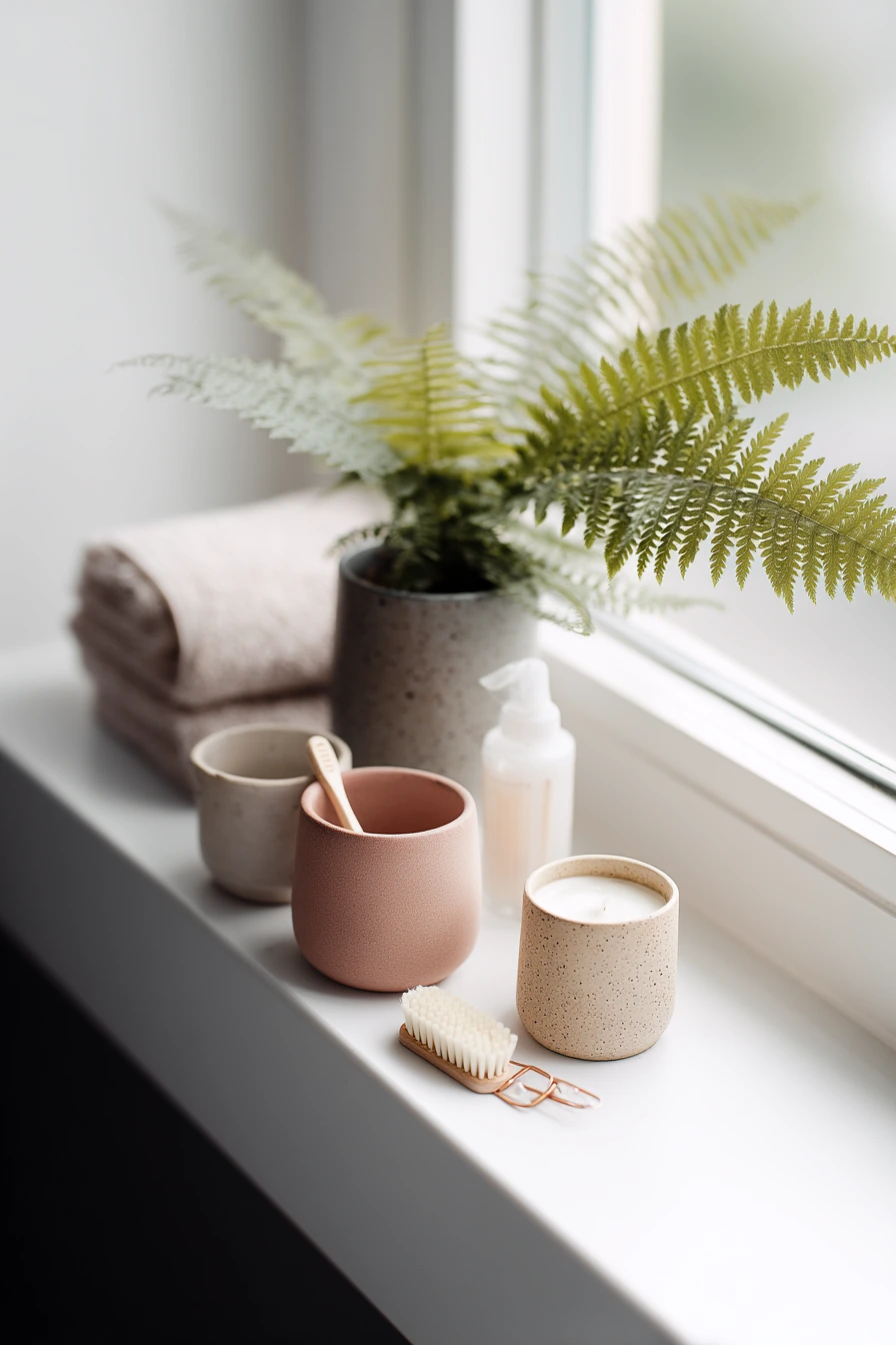 8. Neutral Bathroom Shelf with Spa-Like Painted Pots
