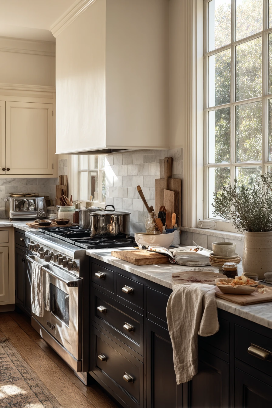 Two-Tone Cabinets Around a Sunday Lunch Mess