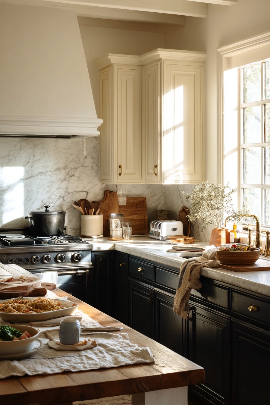 Two-Tone Cabinets Around a Sunday Lunch Mess