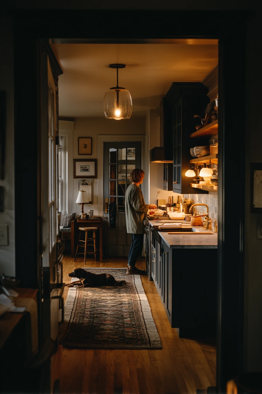 Moody Charcoal Cabinets in an Evening Home