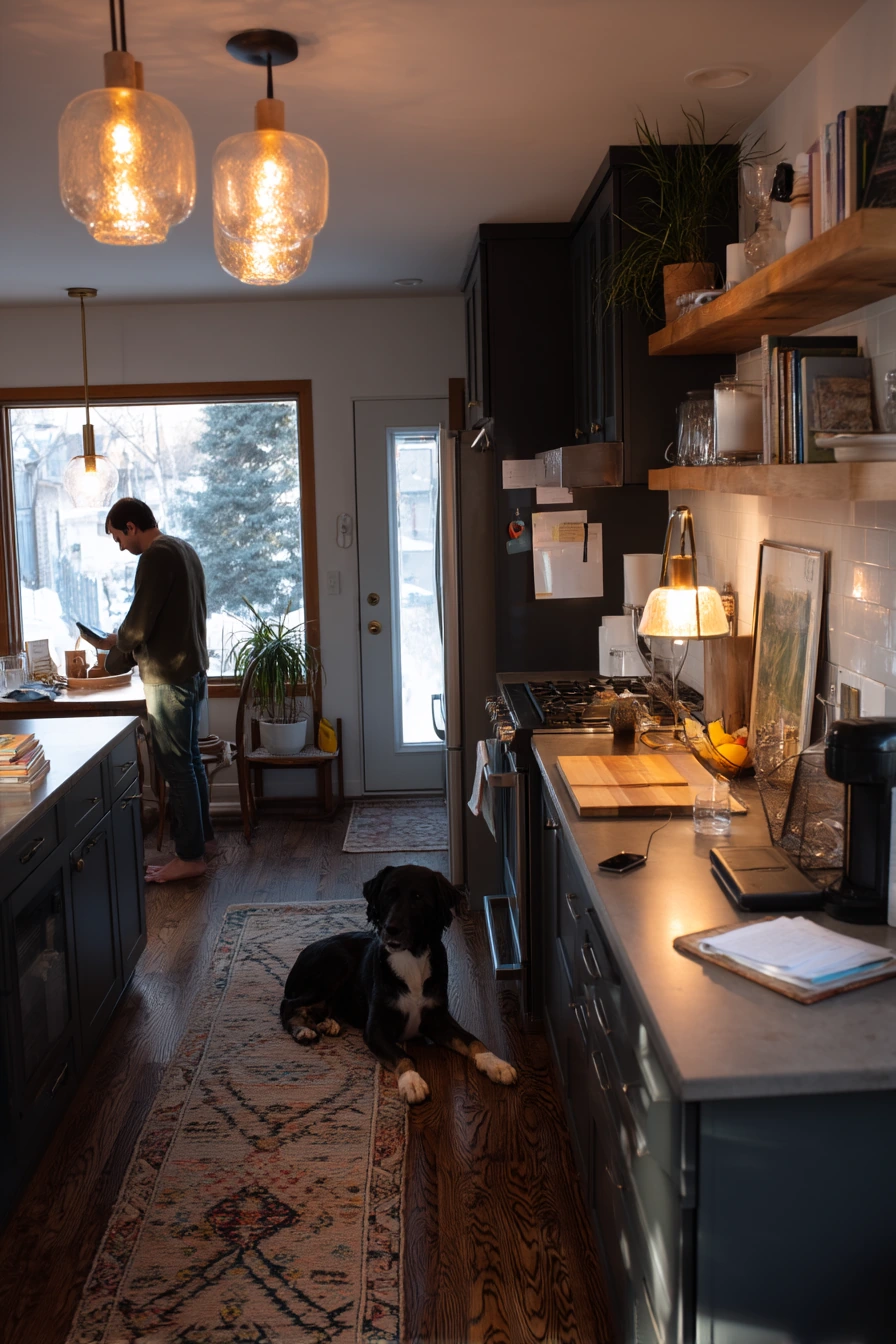 Moody Charcoal Cabinets in an Evening Home