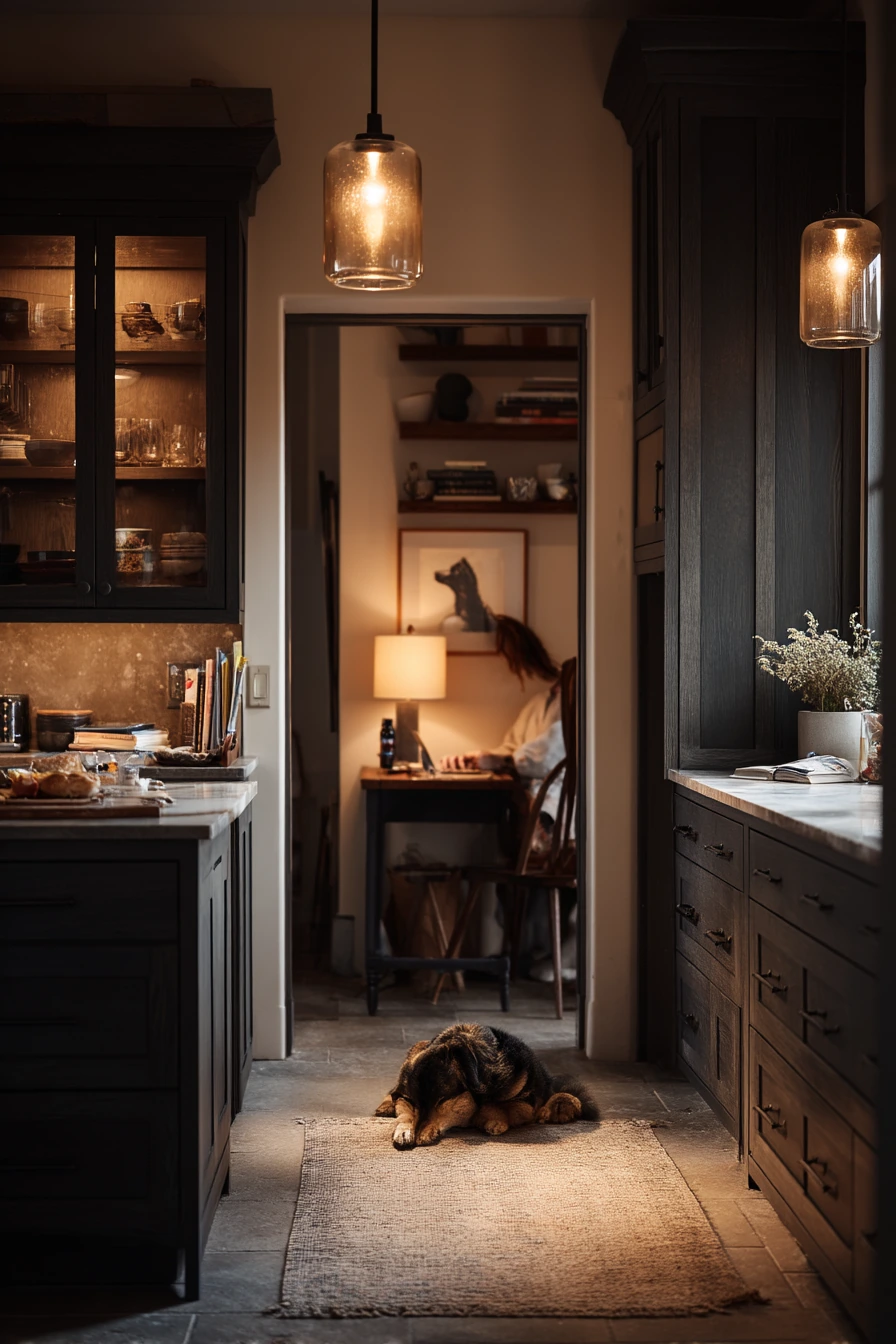 Moody Charcoal Cabinets in an Evening Home