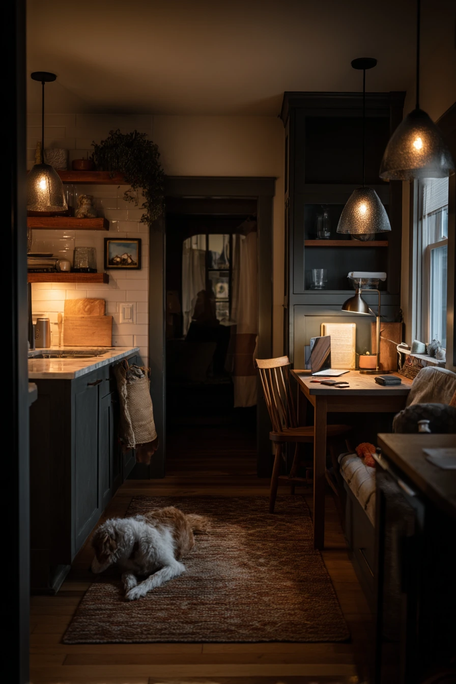 Moody Charcoal Cabinets in an Evening Home