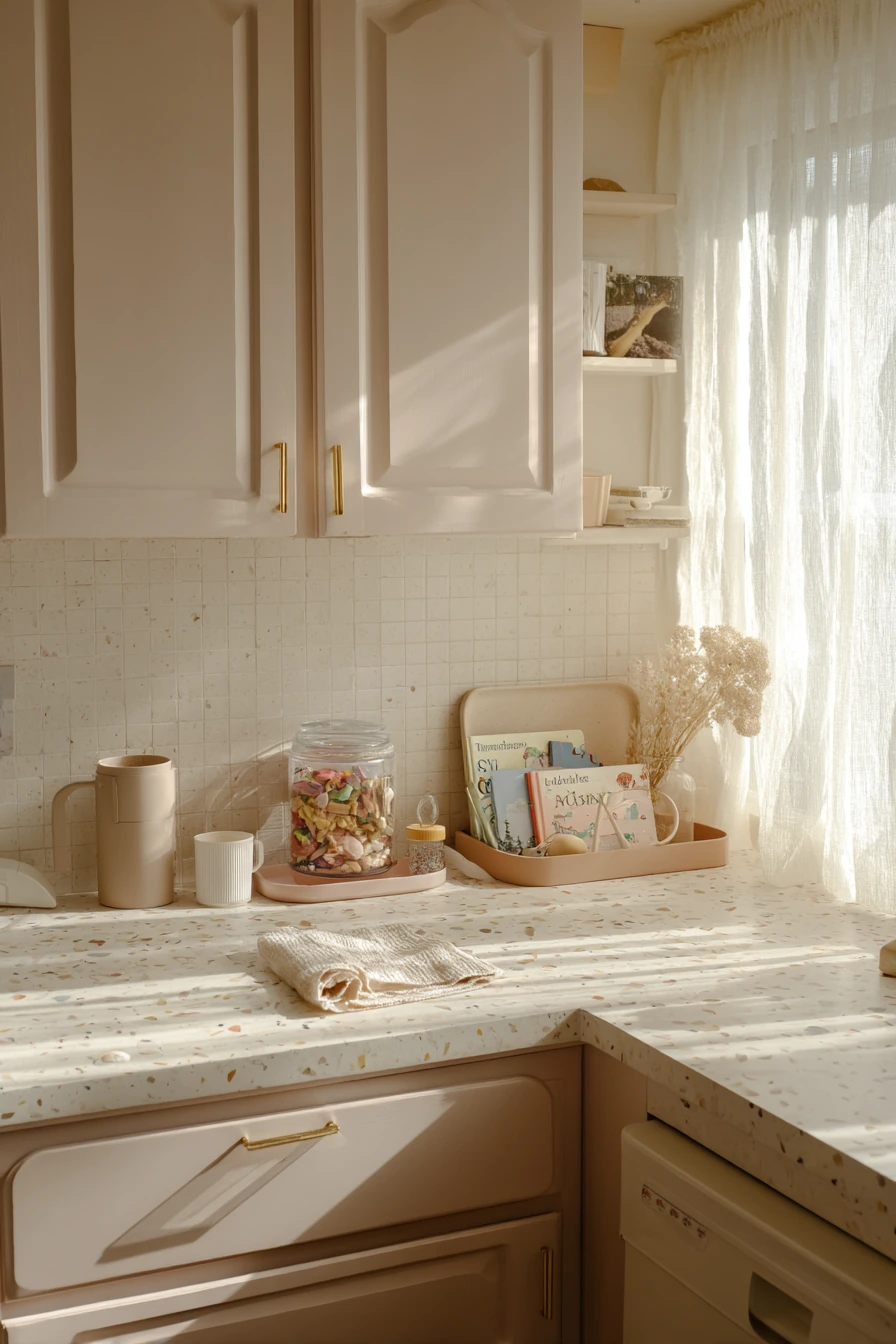 Blush Painted Cabinets for a Gentle Family Space