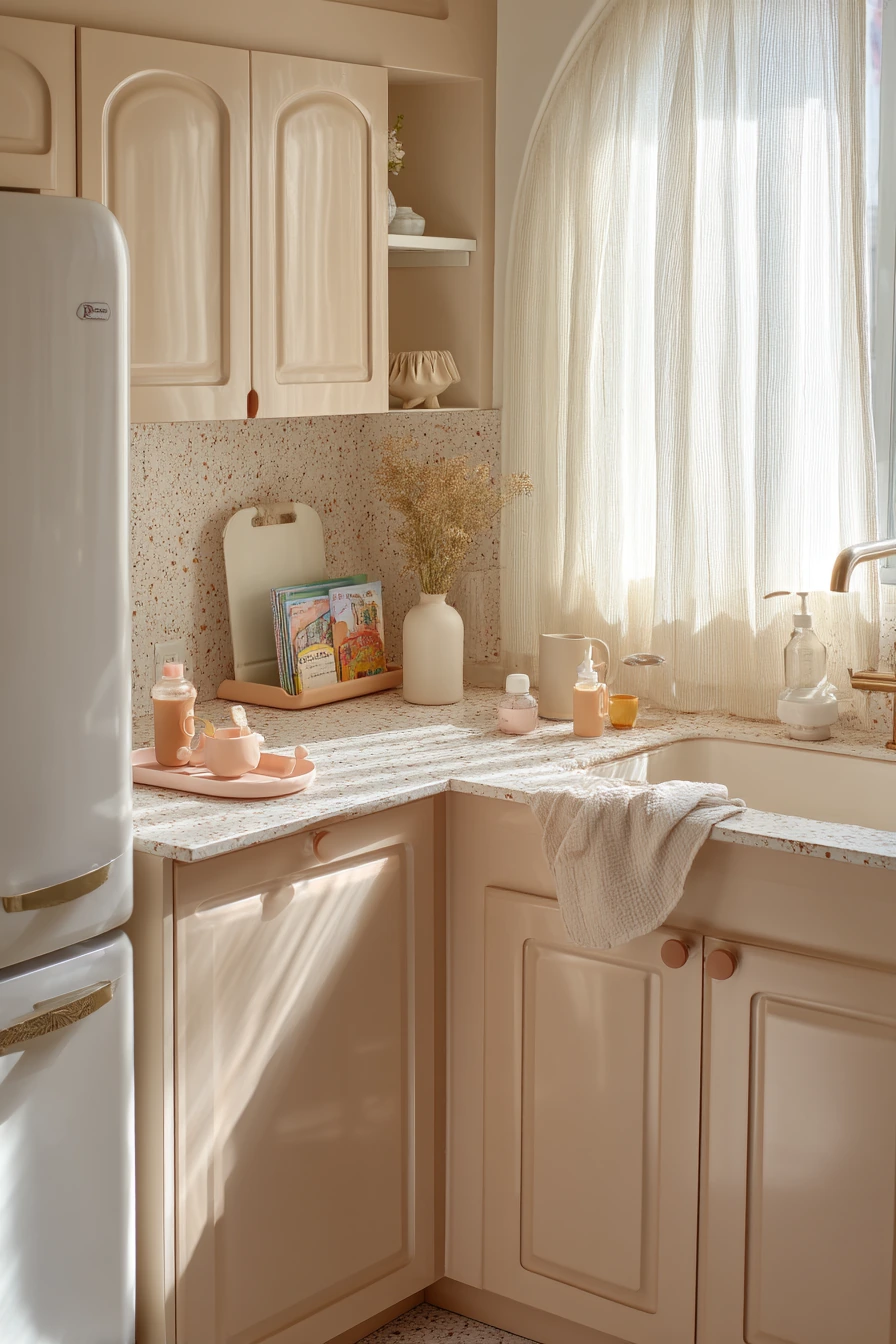 Blush Painted Cabinets for a Gentle Family Space