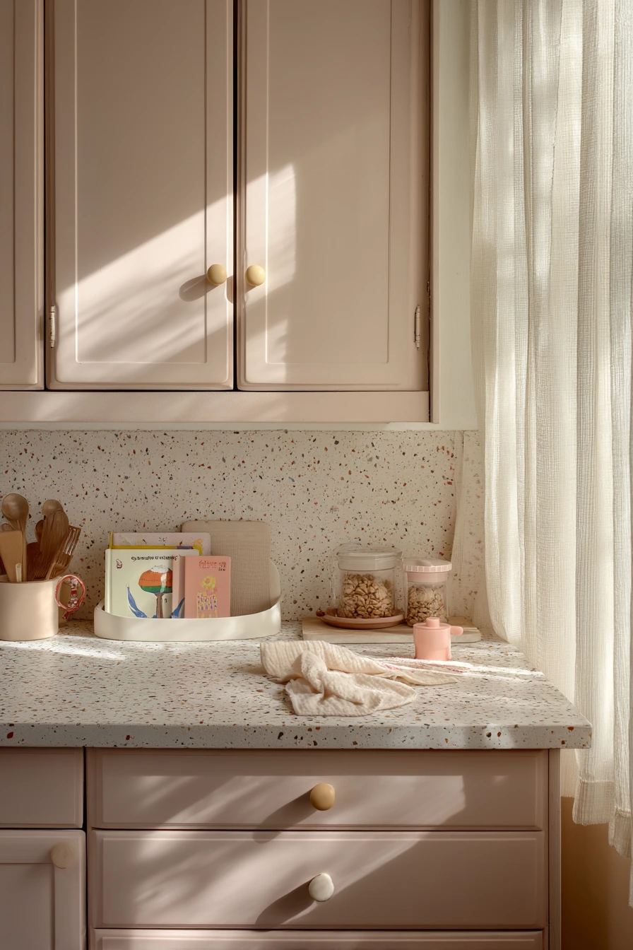 Blush Painted Cabinets for a Gentle Family Space