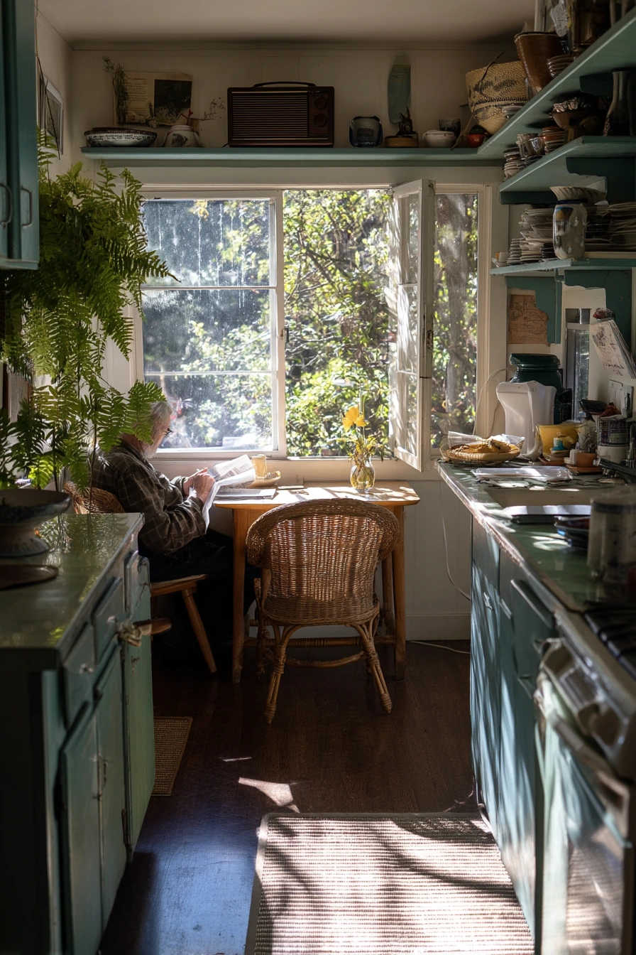 Blue-Green Cabinets in a Light-Filled Breakfast Nook