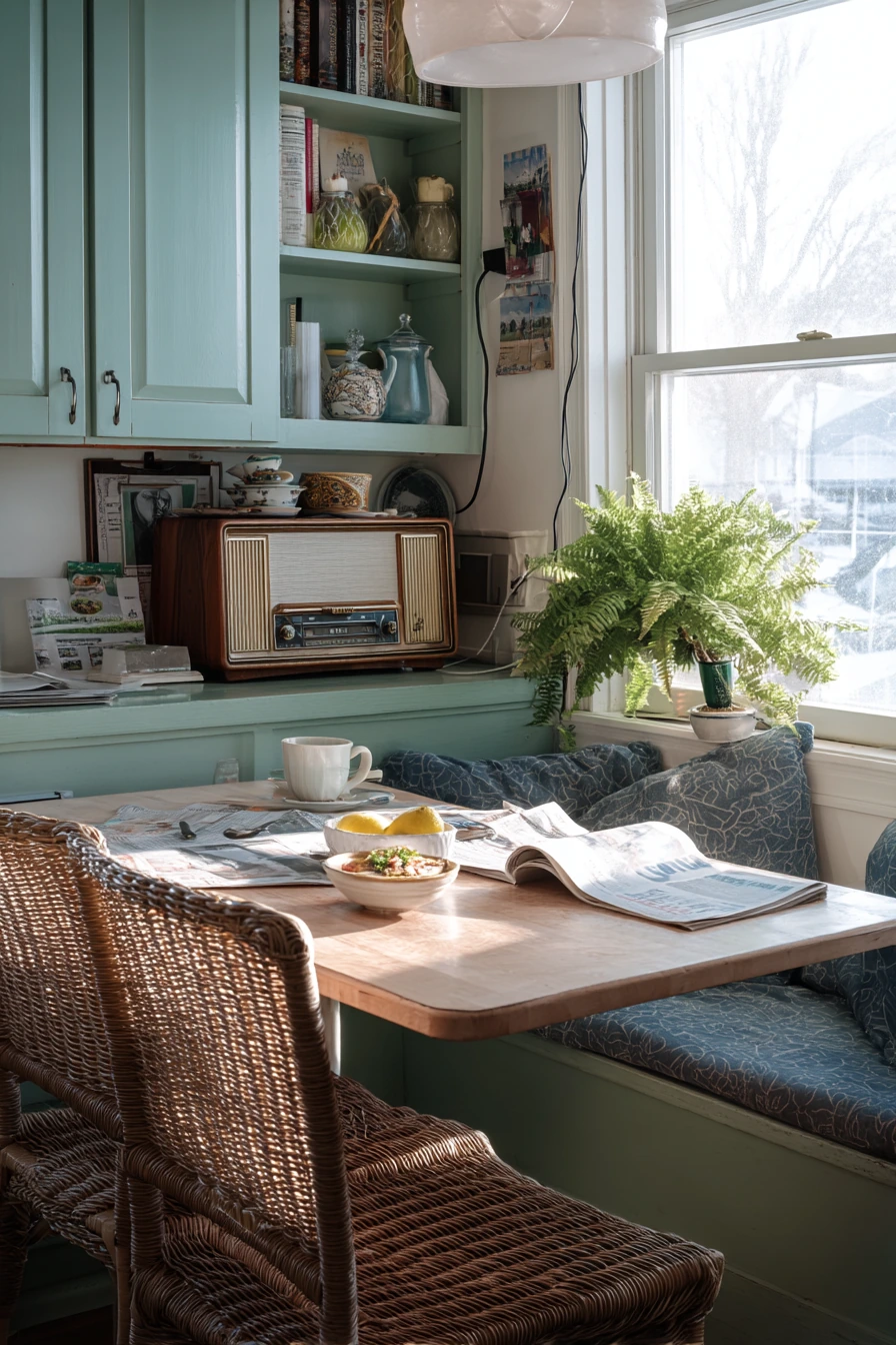 Blue-Green Cabinets in a Light-Filled Breakfast Nook