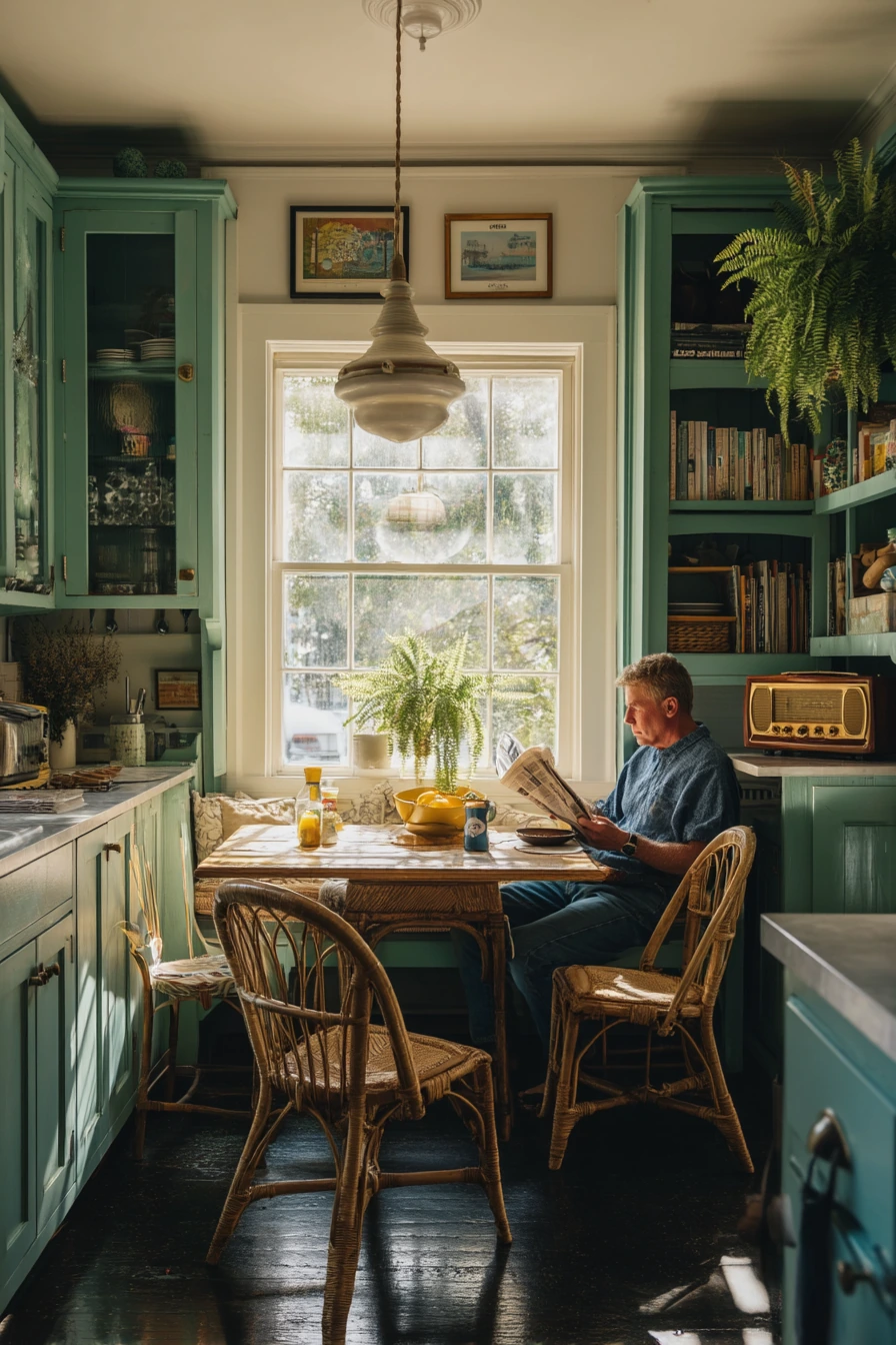 Blue-Green Cabinets in a Light-Filled Breakfast Nook