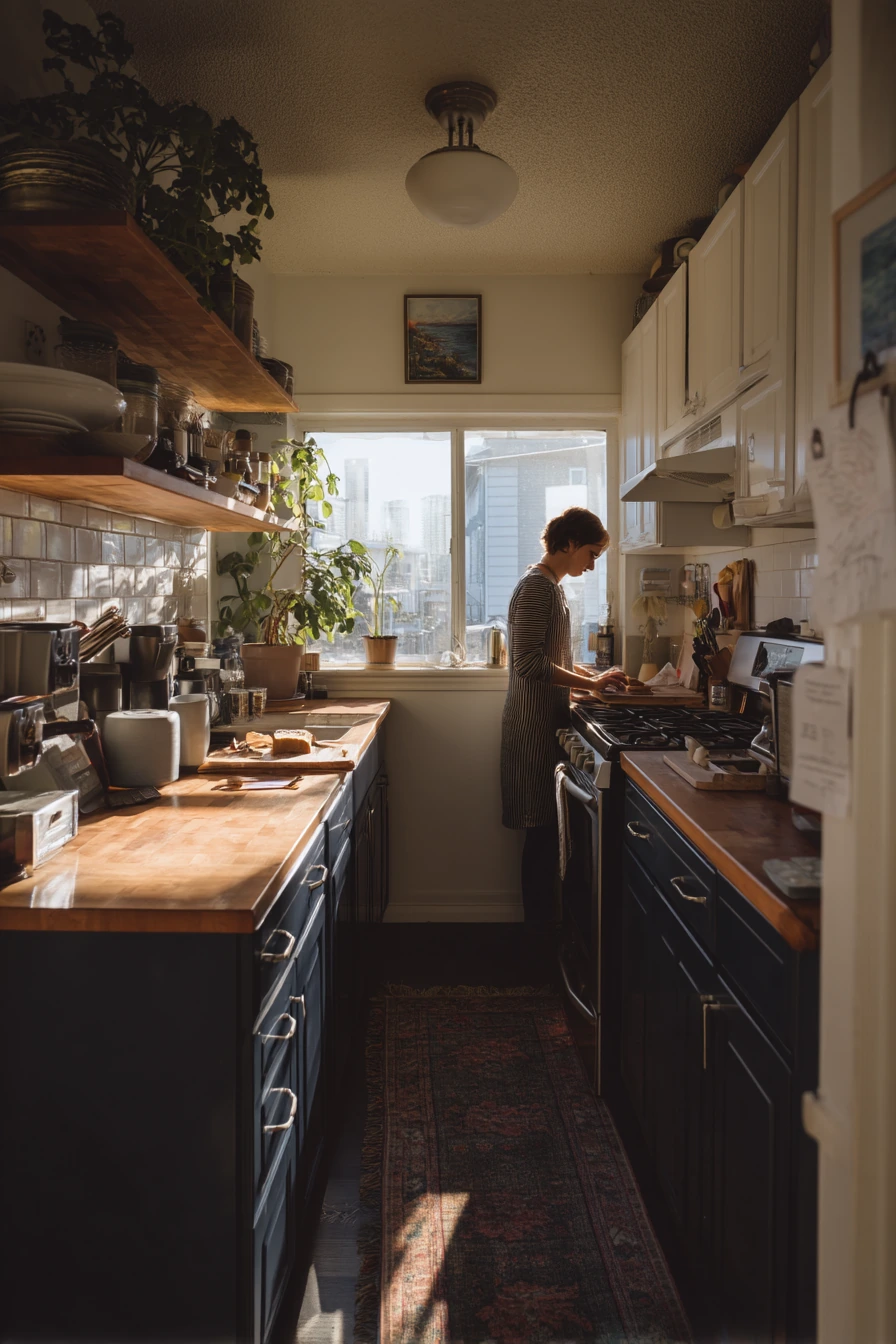 Navy Lower Cabinets in a Busy Small Kitchen
